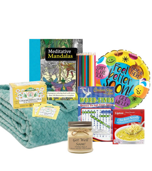Feel Better Soon Gift Set for Women - Plush Fleece Blanket, Coloring Book, Colored Pencils, and More!