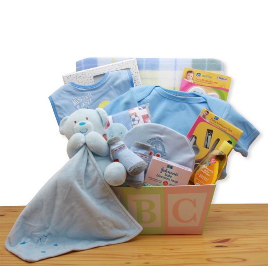 Easy as ABC New Baby Gift Basket - Blue - Perfect Gift for a Baby Shower