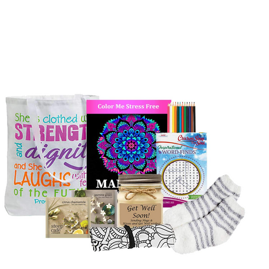 Get Well Soon Coloring & Activity Tote | Thoughtful Gift for Women | Stress-Relieving Coloring Book, Tea, and Socks