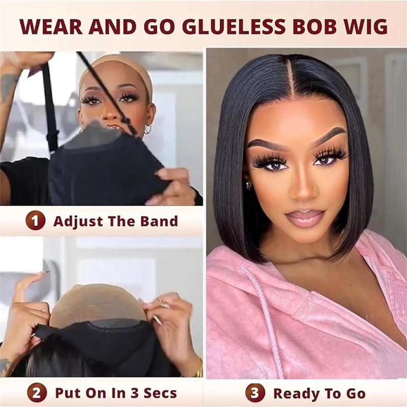 4X4 Transparent Lace Front Bob Feint No Glue Wearable Natural Human Hair Wig