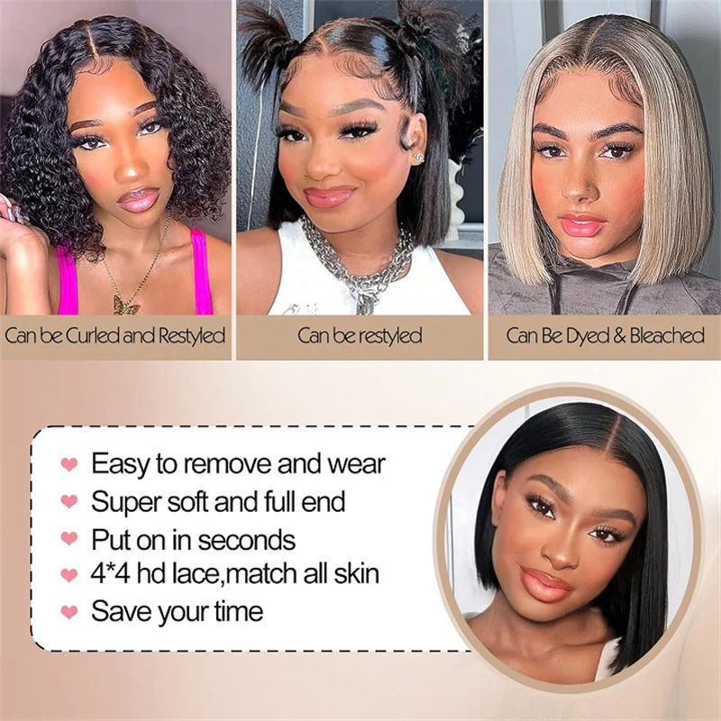 4X4 Transparent Lace Front Bob Feint No Glue Wearable Natural Human Hair Wig