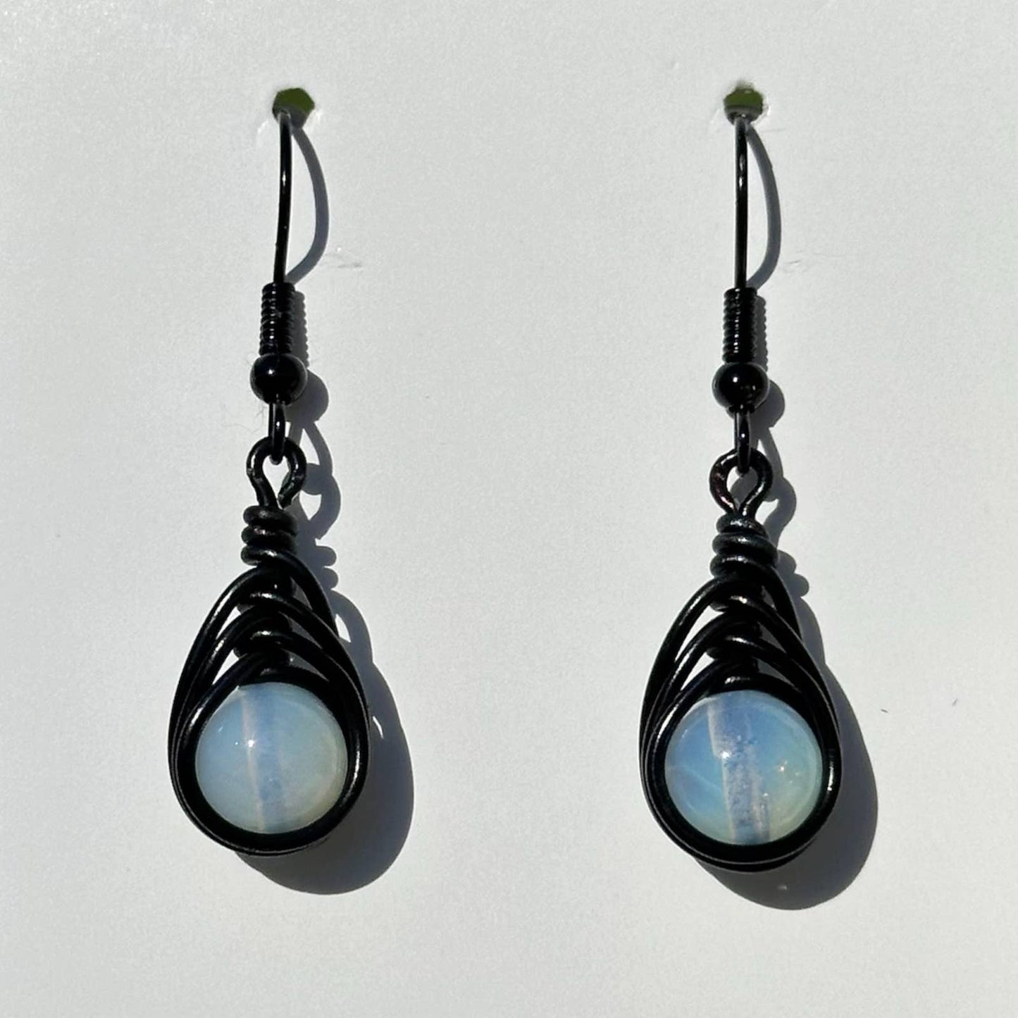 Handmade Opalescent Moonstone Black Wire-Wrapped Earrings