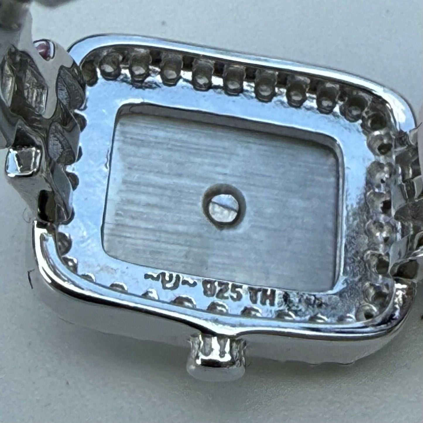 Sterling Silver Mother of Pearl Watch-Style Ring – Size 8 – Crystal Accent Border