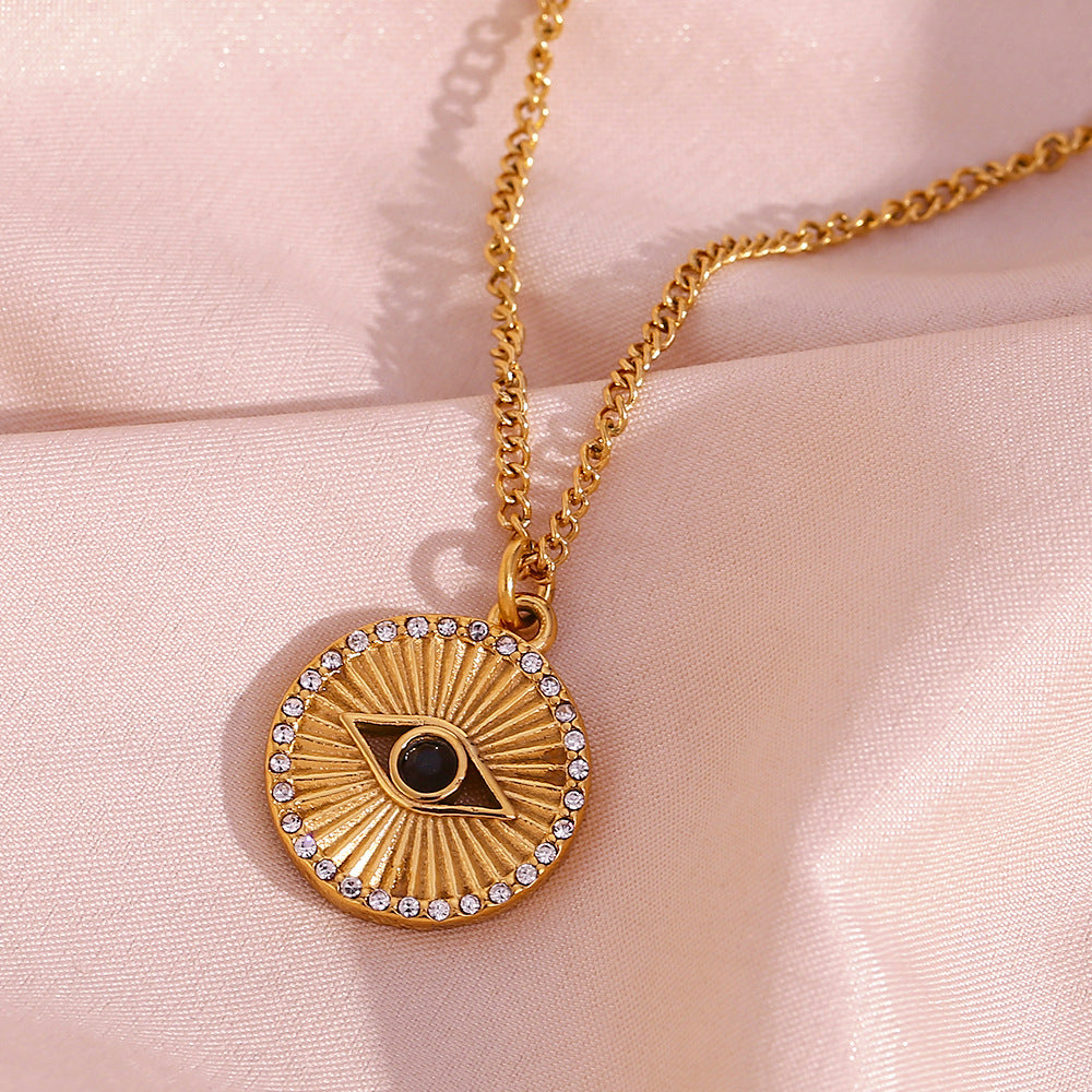 Minimalist Evil Eye Coin Necklace, Black Eye Pendant, 18K Gold PVD 316L Stainless Steel, AAA Zircon