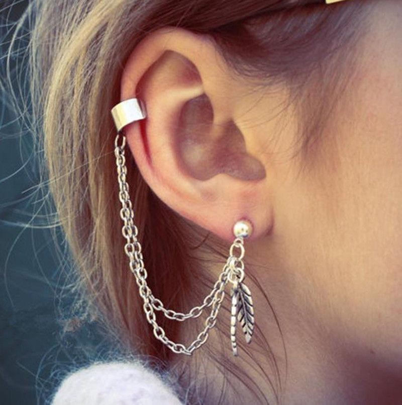 Silver Dangle Ear Cuff Clip Stud Wrap Earring with Chain