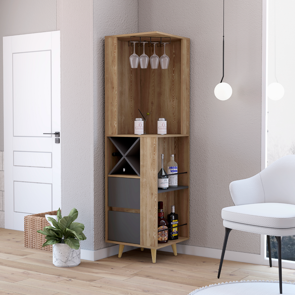 Corner Bar Cabinet Caguas, Two External Shelves, Four Wine Cubbies, Pine / Gray Finish