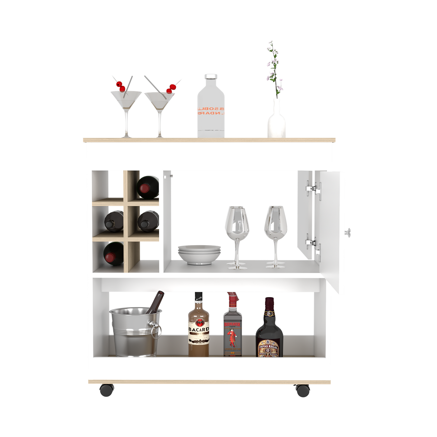 Bar Cart Aloha, Lower Panel, Six Bottle Cubbies, One Cabinet, Light Oak / White Finish