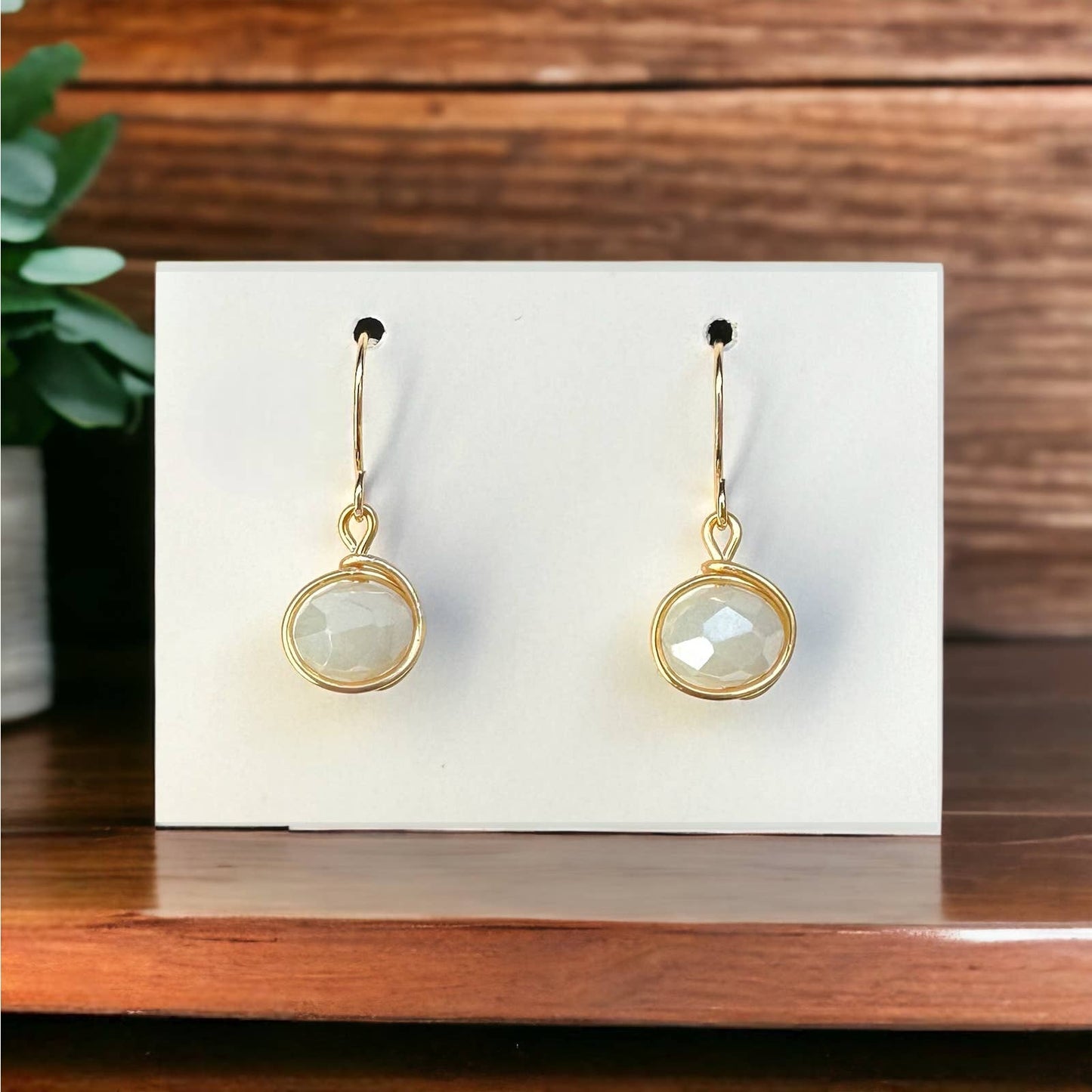 Handmade Elegant White Glass Bead Earrings - 14K Gold Plated, Minimalist Design
