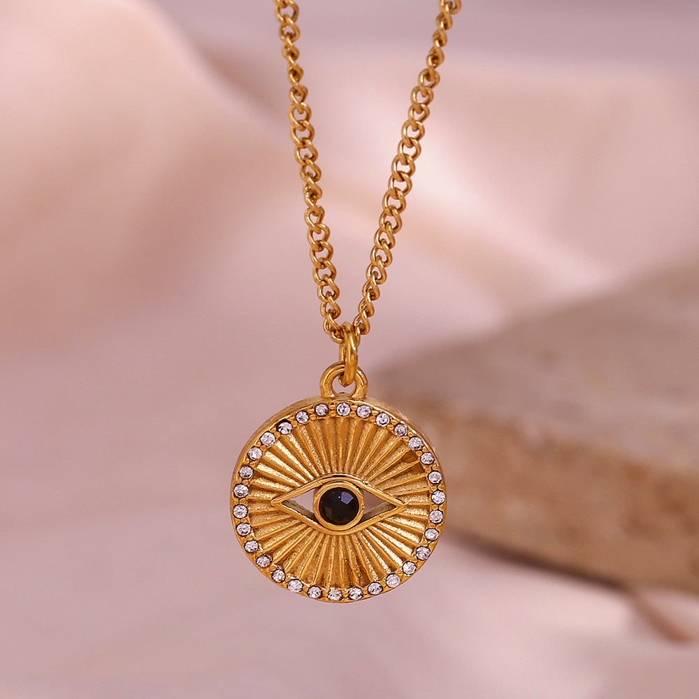 Minimalist Evil Eye Coin Necklace, Black Eye Pendant, 18K Gold PVD 316L Stainless Steel, AAA Zircon