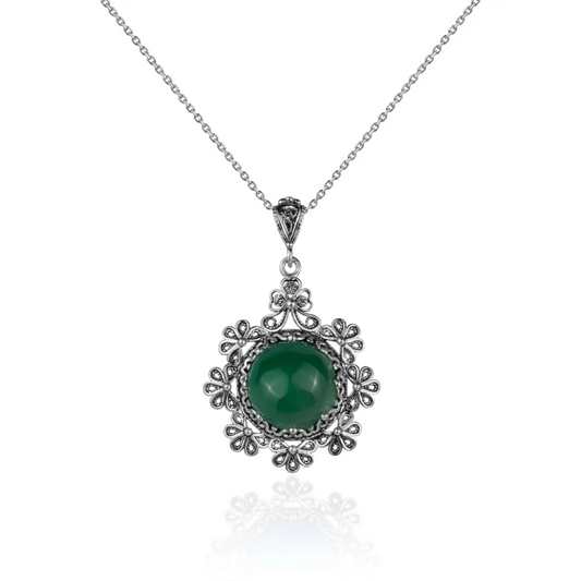 Filigree Art Green Agate Gemstone Floral Design Women Silver Pendant Necklace