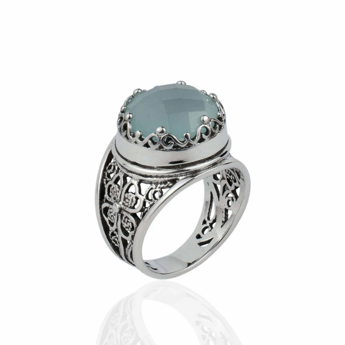 Filigree Art Aqua Chalcedony Gemstone Women Crown Silver Statement Ring