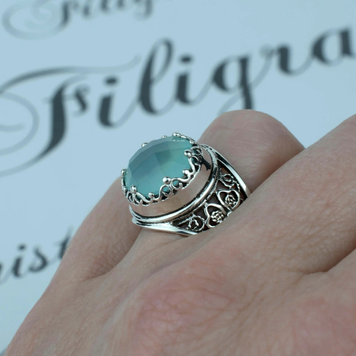 Filigree Art Aqua Chalcedony Gemstone Women Crown Silver Statement Ring