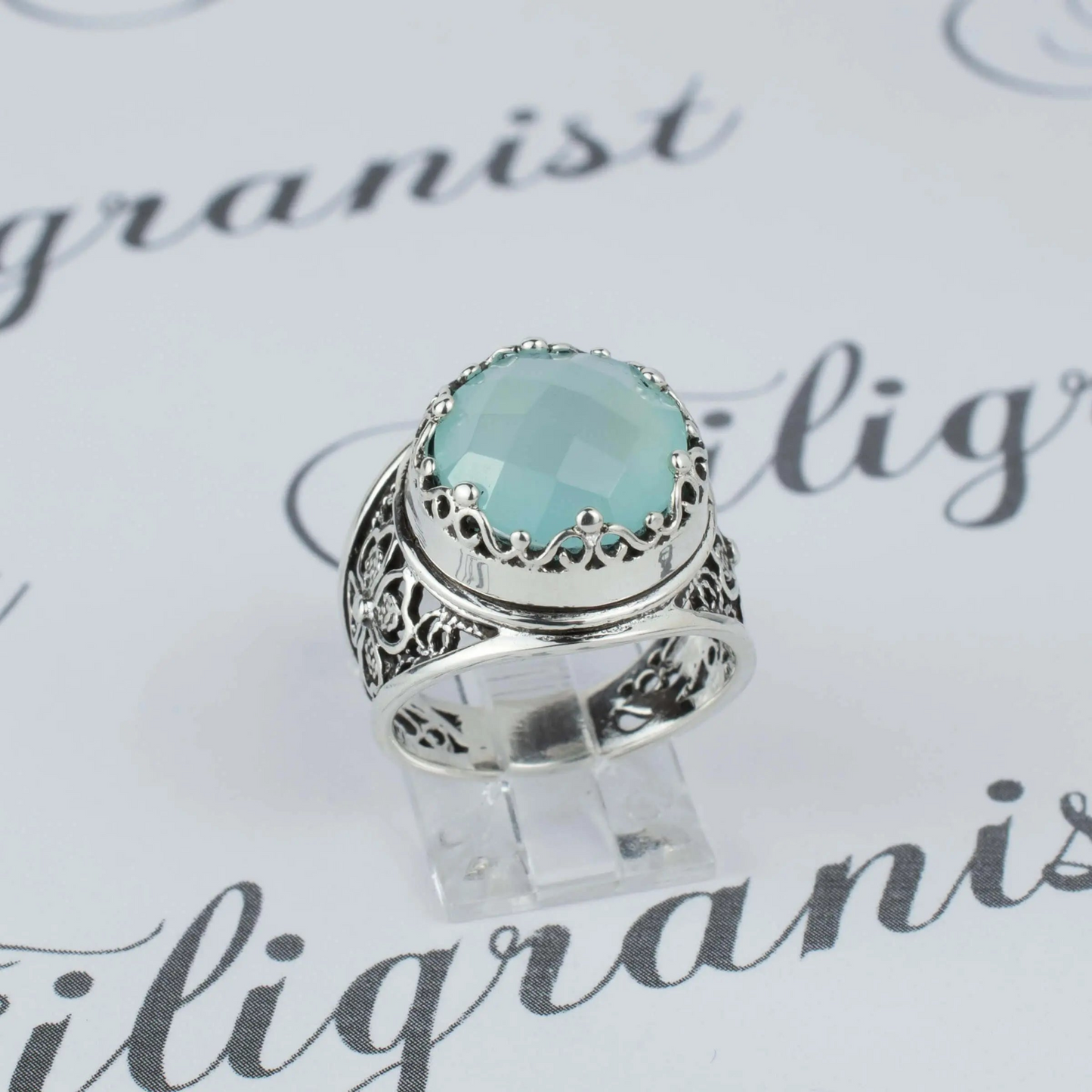 Filigree Art Aqua Chalcedony Gemstone Women Crown Silver Statement Ring