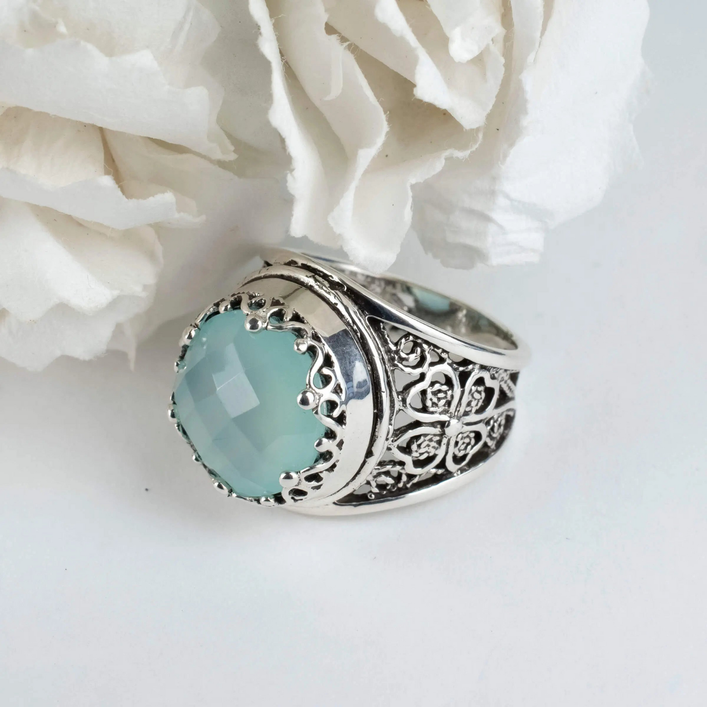 Filigree Art Aqua Chalcedony Gemstone Women Crown Silver Statement Ring