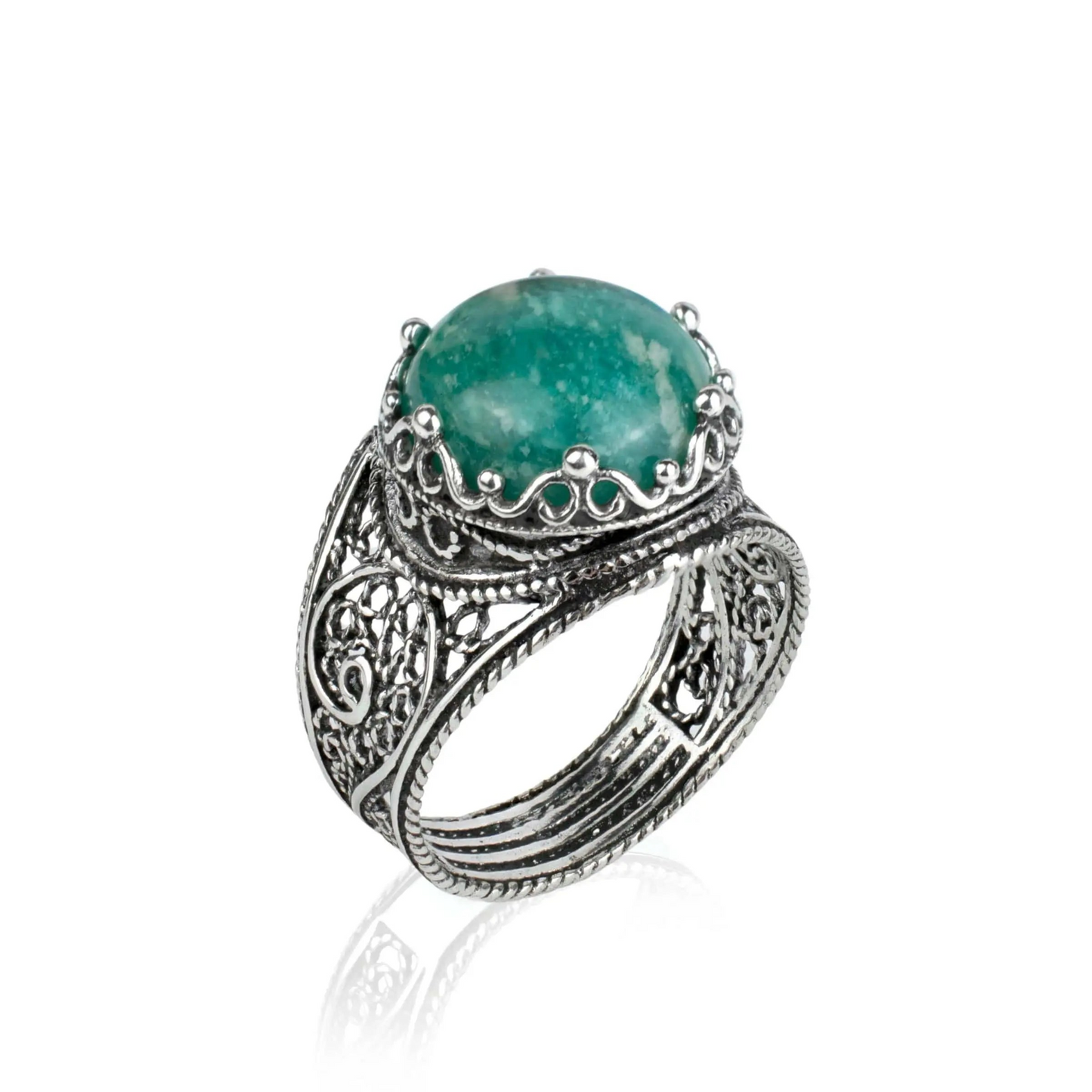 Filigree Art Amazonite Gemstone Crown Design Women Silver Statement Ring