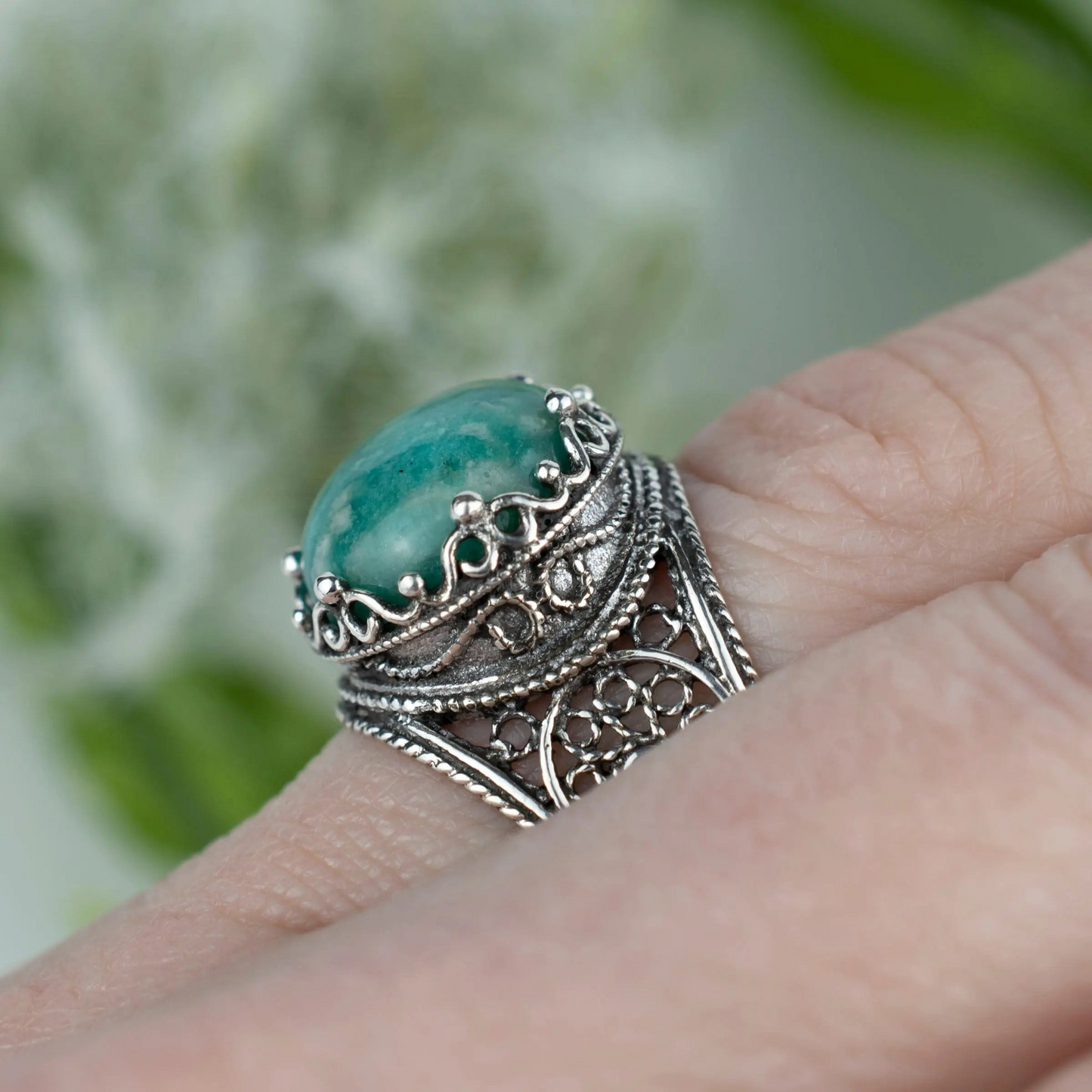 Filigree Art Amazonite Gemstone Crown Design Women Silver Statement Ring