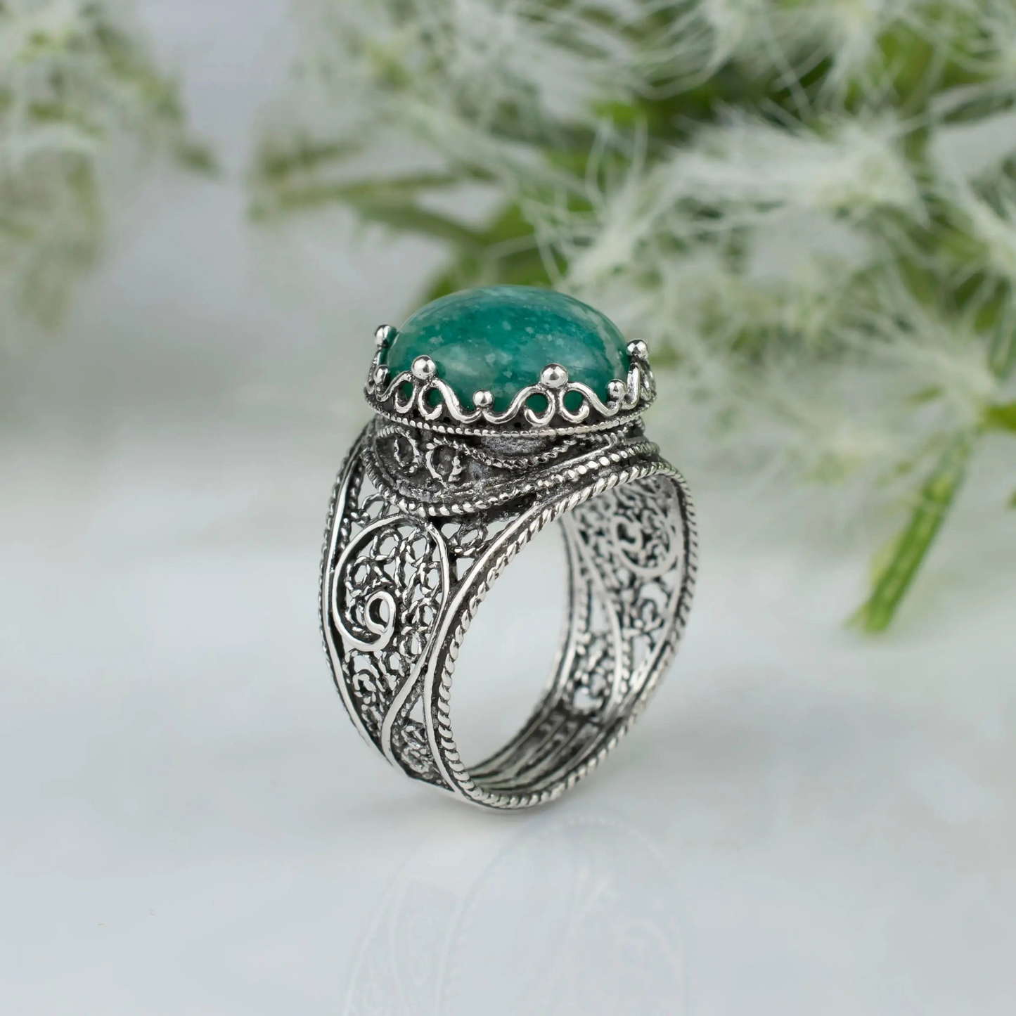 Filigree Art Amazonite Gemstone Crown Design Women Silver Statement Ring