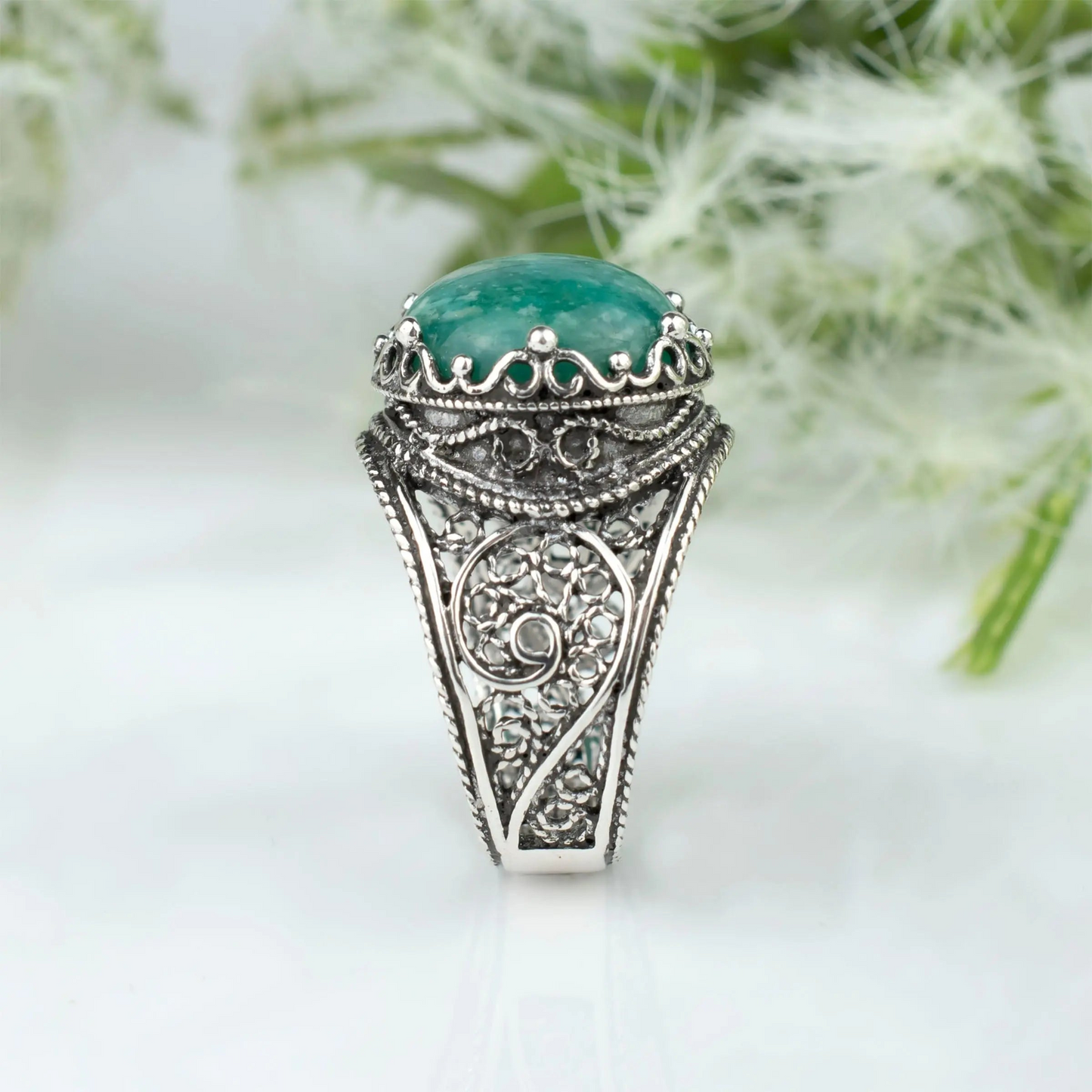 Filigree Art Amazonite Gemstone Crown Design Women Silver Statement Ring