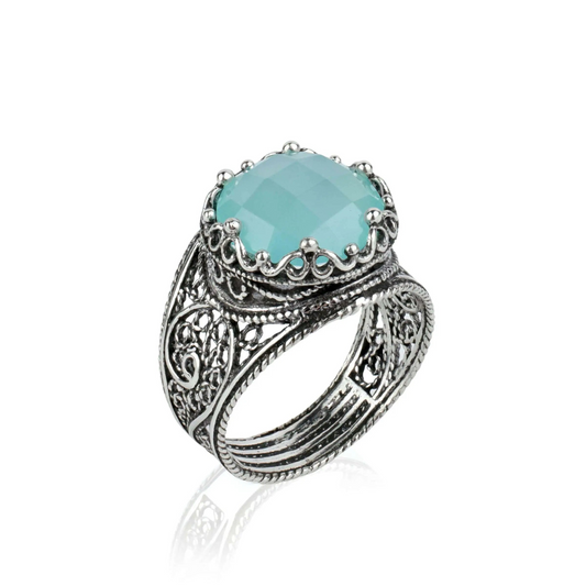 Filigree Art Aqua Chalcedony Gemstone Crown Design Women Silver Statement Ring