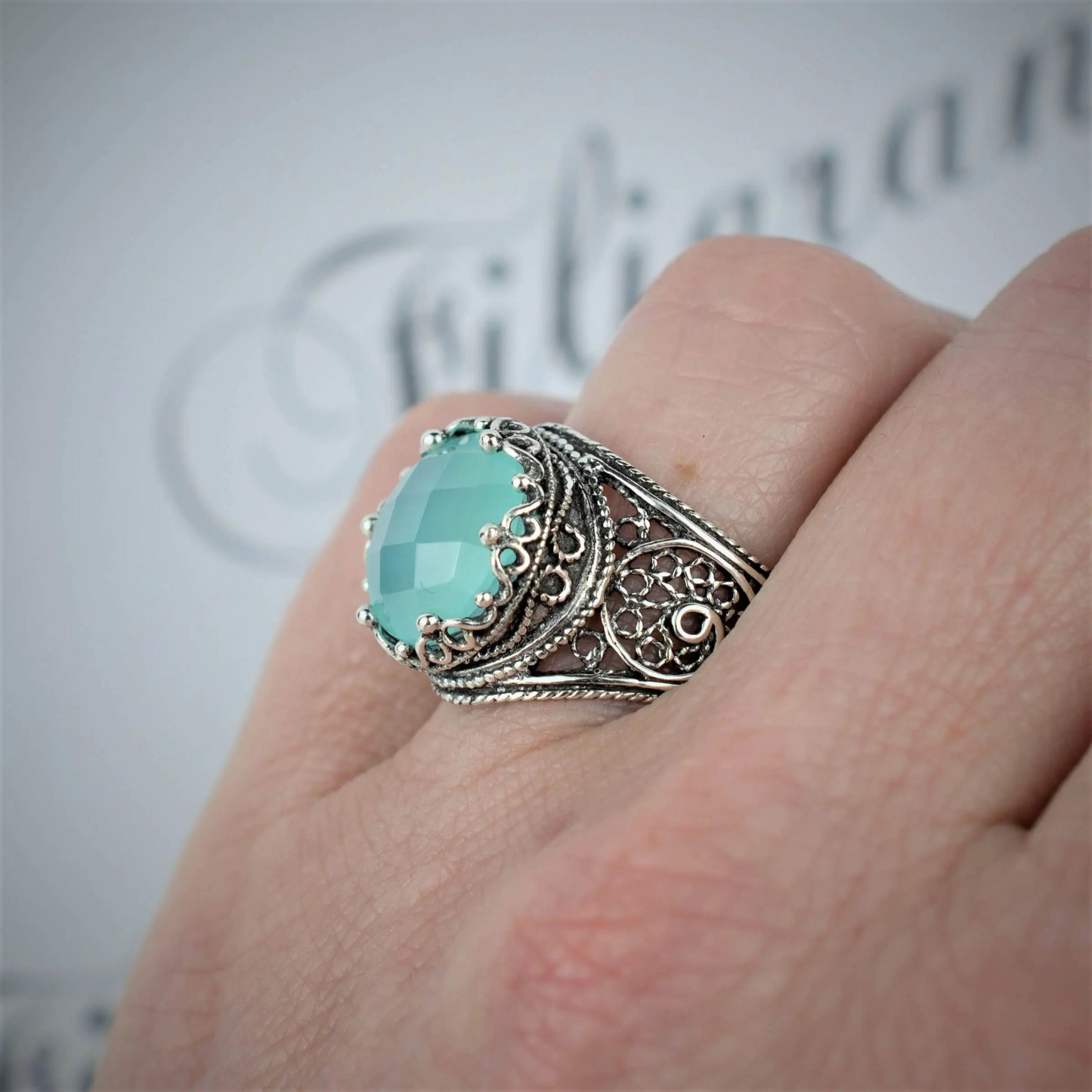 Filigree Art Aqua Chalcedony Gemstone Crown Design Women Silver Statement Ring