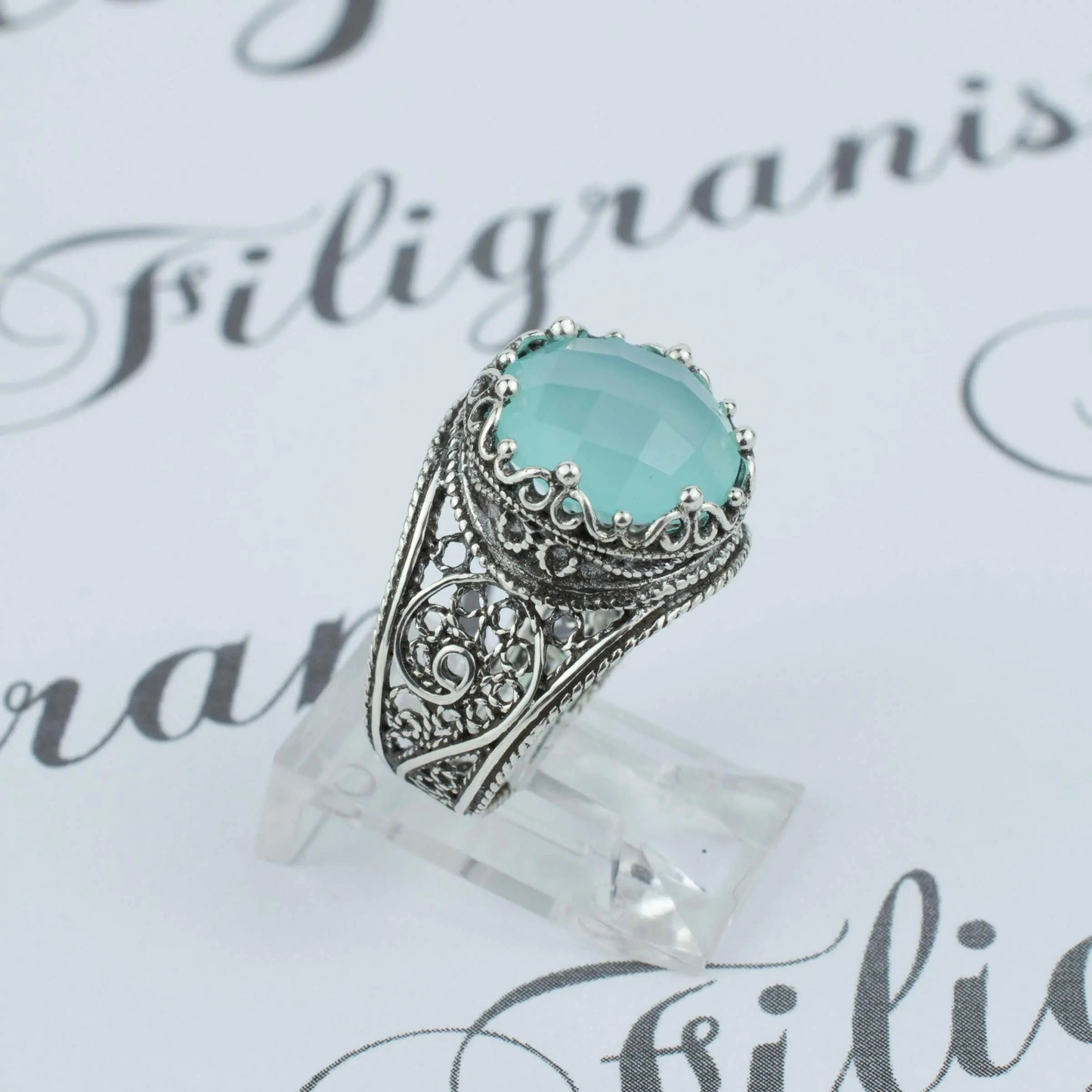 Filigree Art Aqua Chalcedony Gemstone Crown Design Women Silver Statement Ring