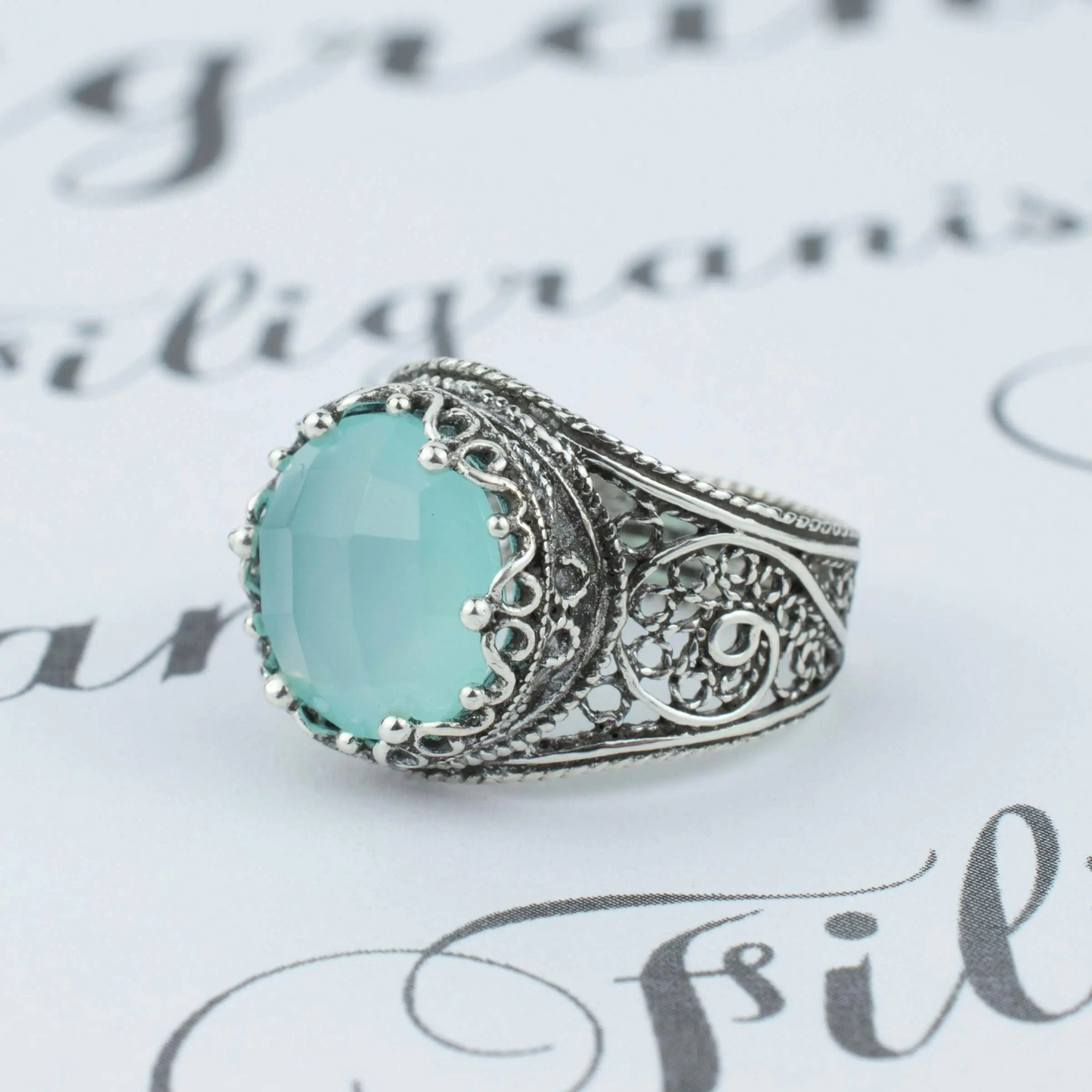 Filigree Art Aqua Chalcedony Gemstone Crown Design Women Silver Statement Ring