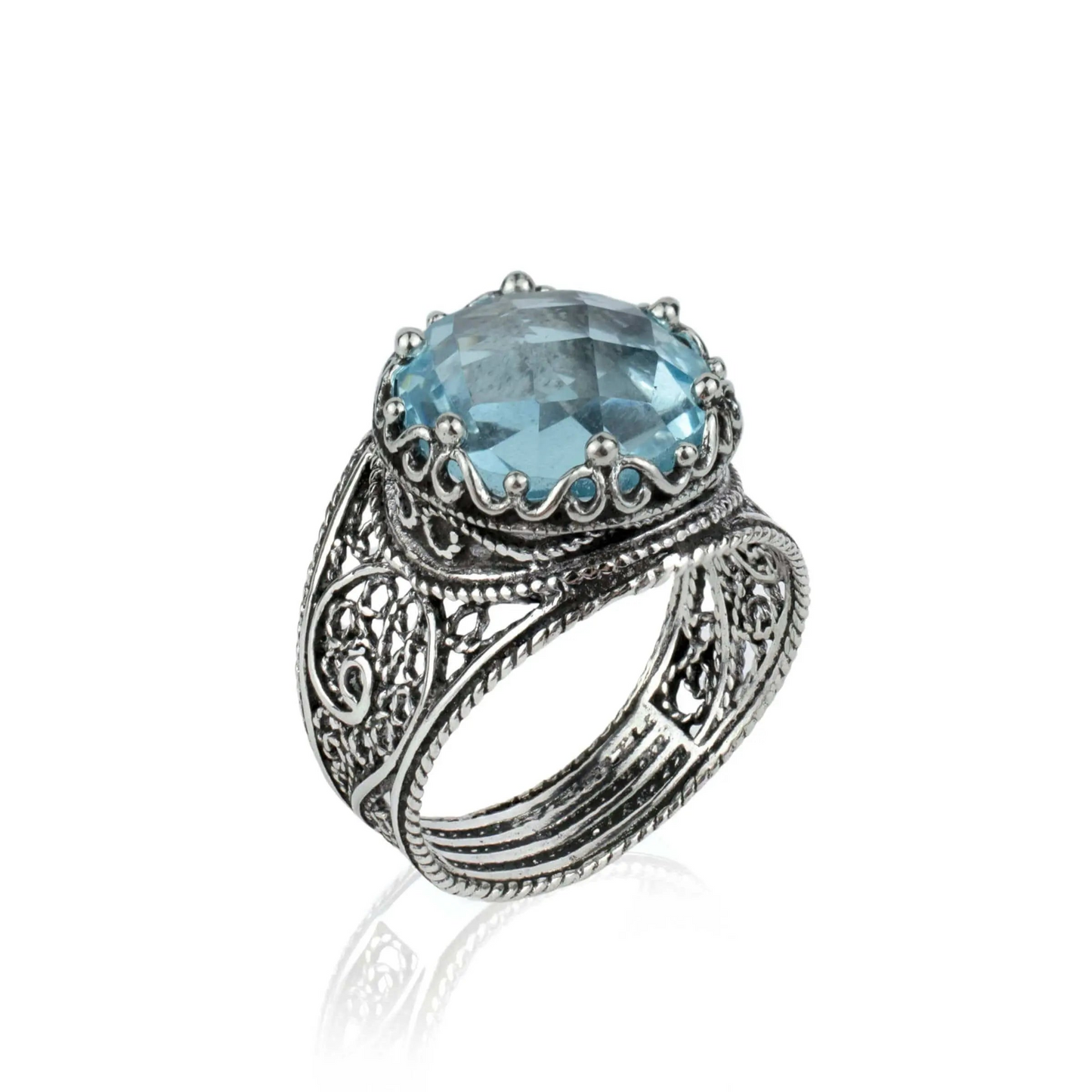 Filigree Art Blue Topaz Gemstone Crown Design Women Silver Statement Ring