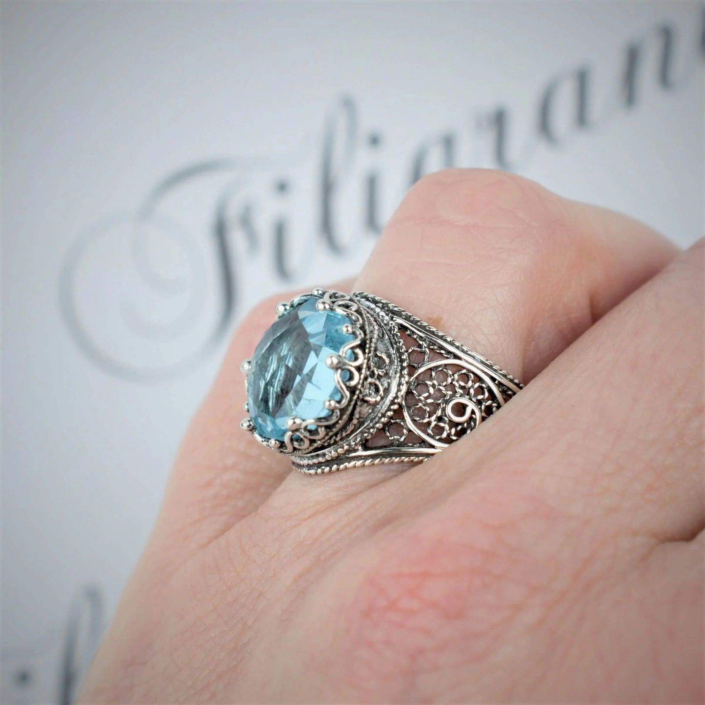 Filigree Art Blue Topaz Gemstone Crown Design Women Silver Statement Ring