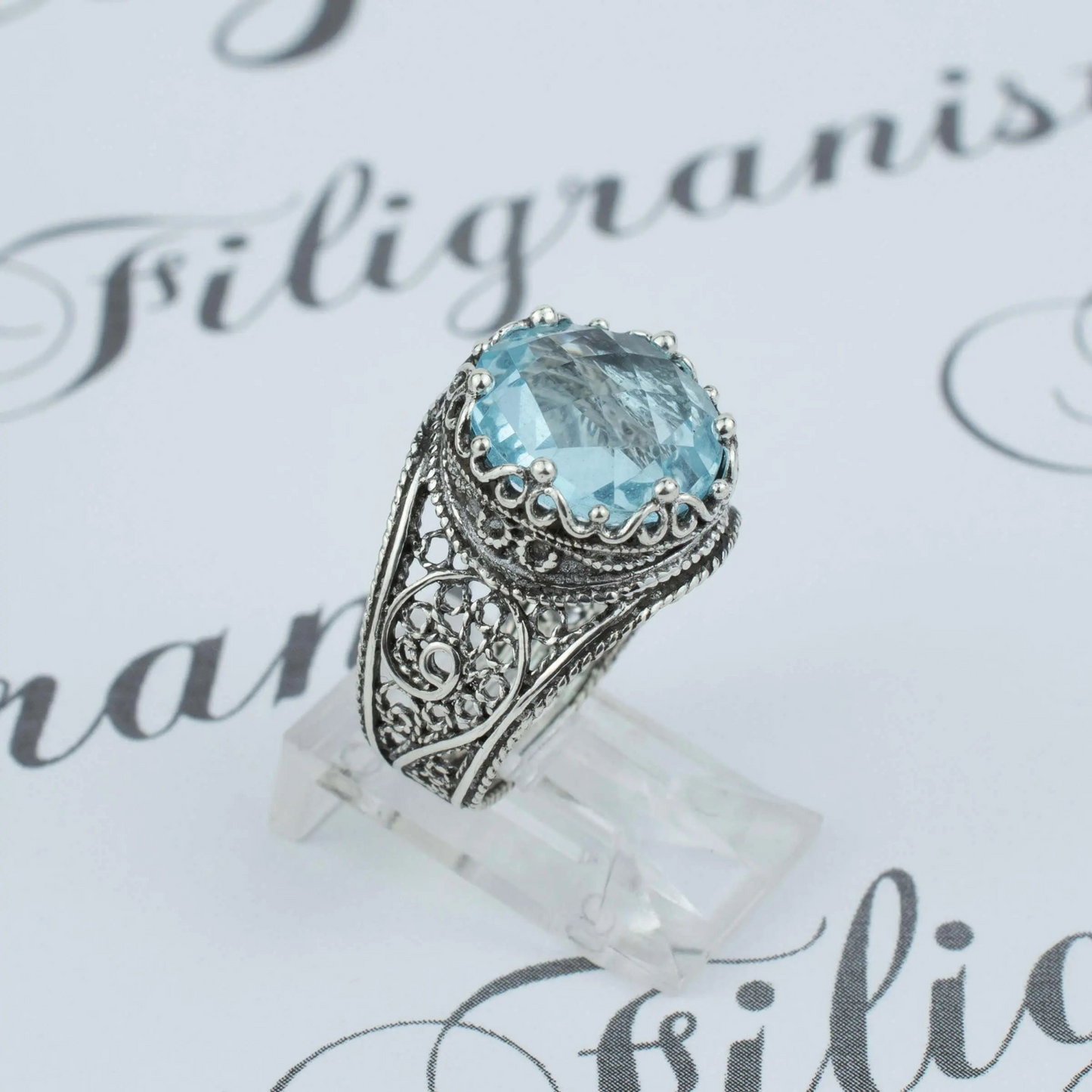 Filigree Art Blue Topaz Gemstone Crown Design Women Silver Statement Ring