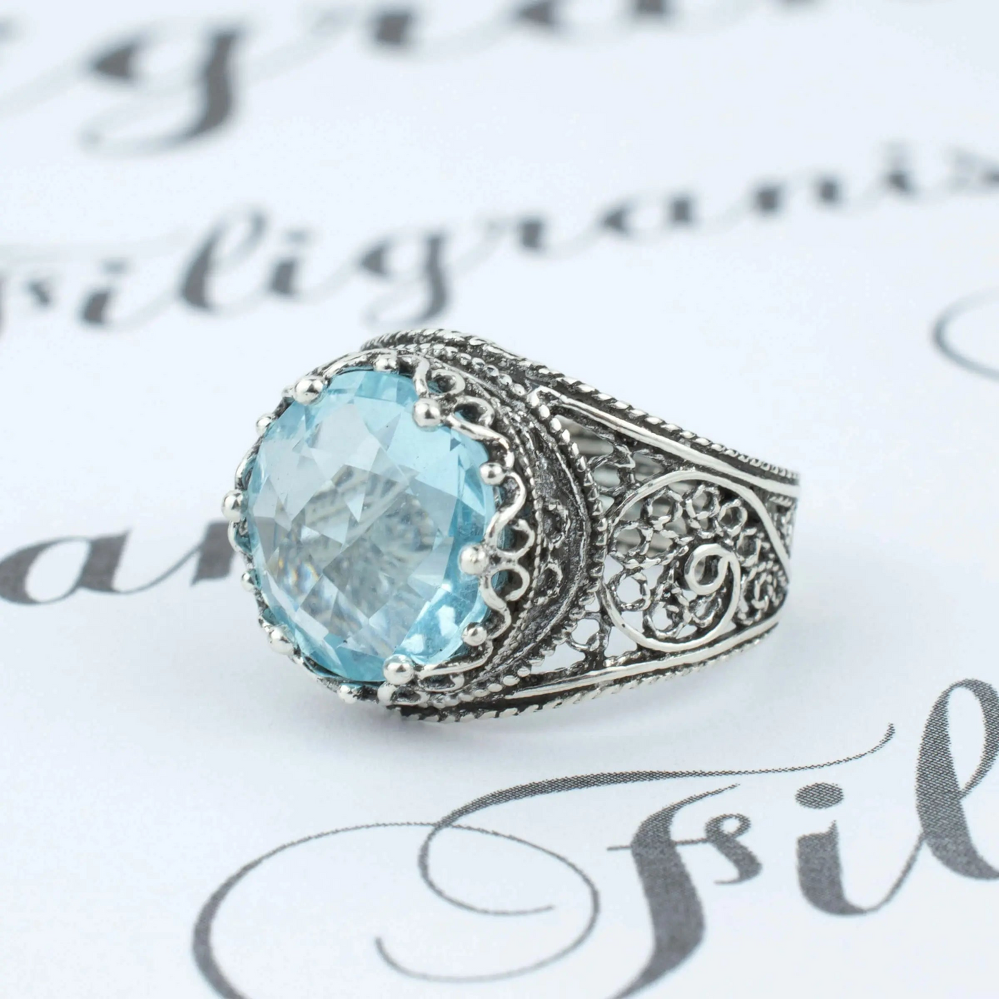 Filigree Art Blue Topaz Gemstone Crown Design Women Silver Statement Ring