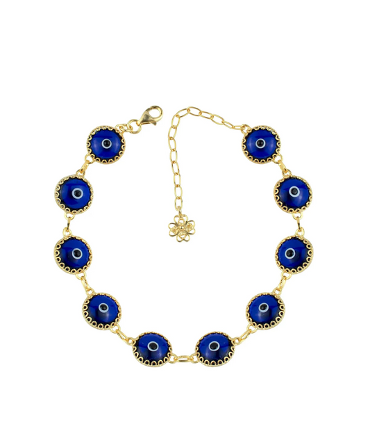 10 Beads Dark Blue Evil Eye Women Gold Plated Silver Link Bracelet