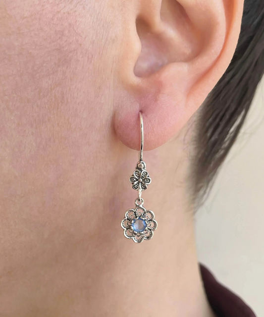 Sterling Silver Filigree Art Floral Gemstone Women Dangle Earrings