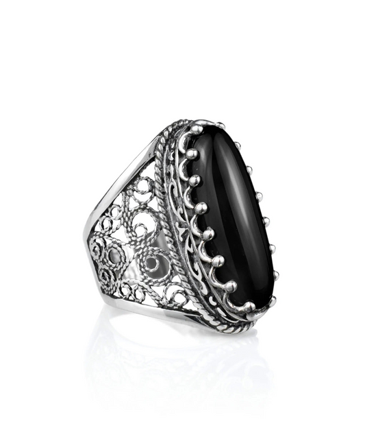 Filigree Art Black Onyx Gemstone Women Silver Long Statement Ring