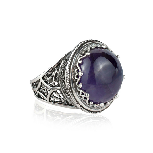 Filigree Art Amethyst Gemstone Women Silver Bold Statement Ring