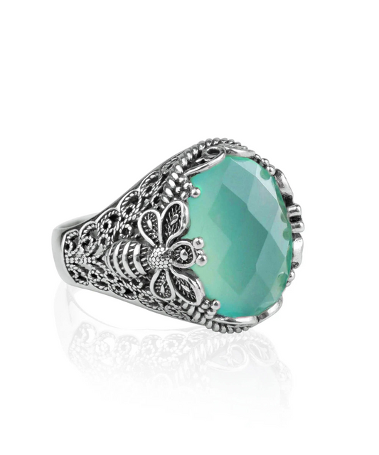 Filigree Art Bee Detailed Aqua Chalcedony Gemstone Women Silver Statement Ring