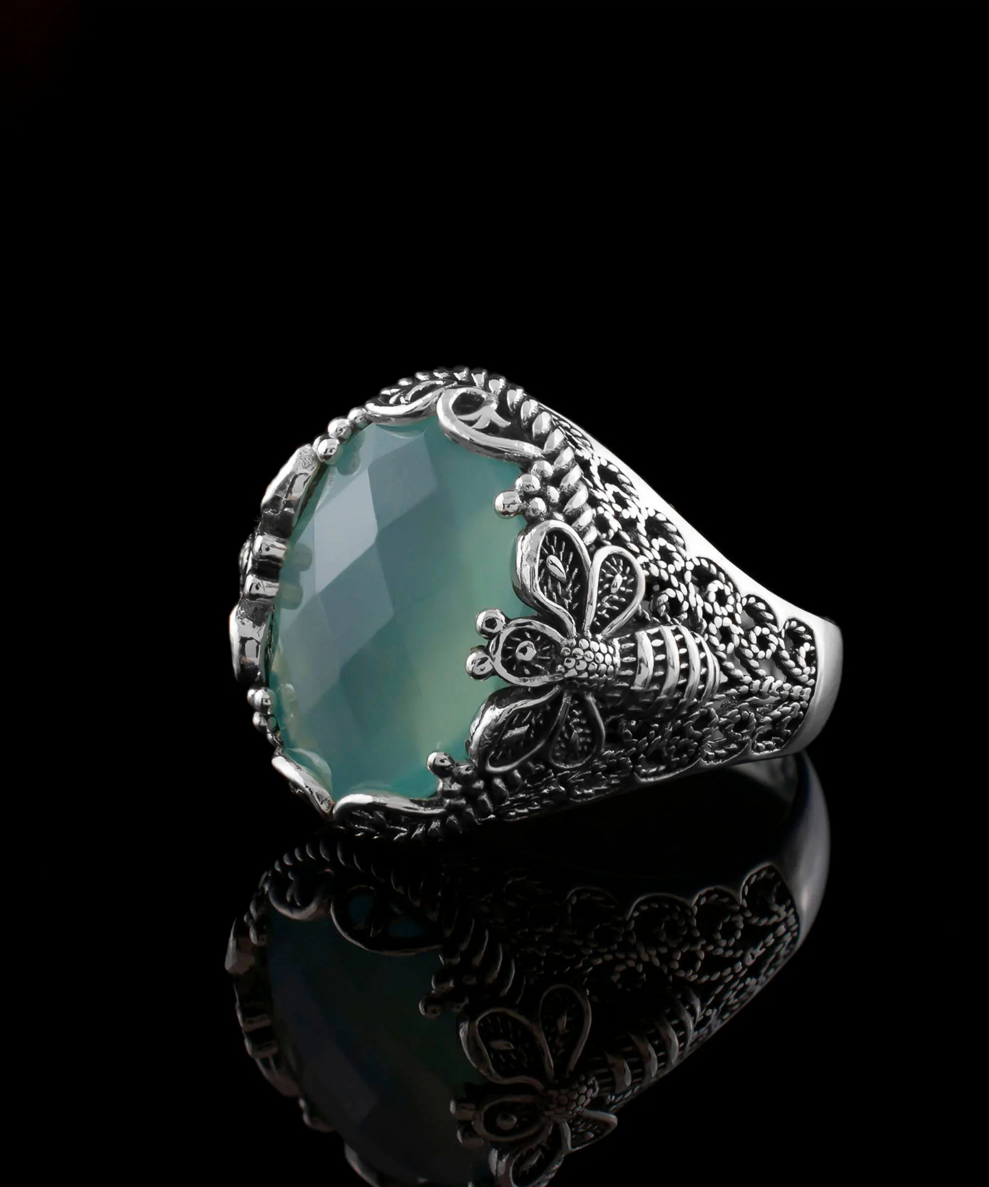 Filigree Art Bee Detailed Aqua Chalcedony Gemstone Women Silver Statement Ring