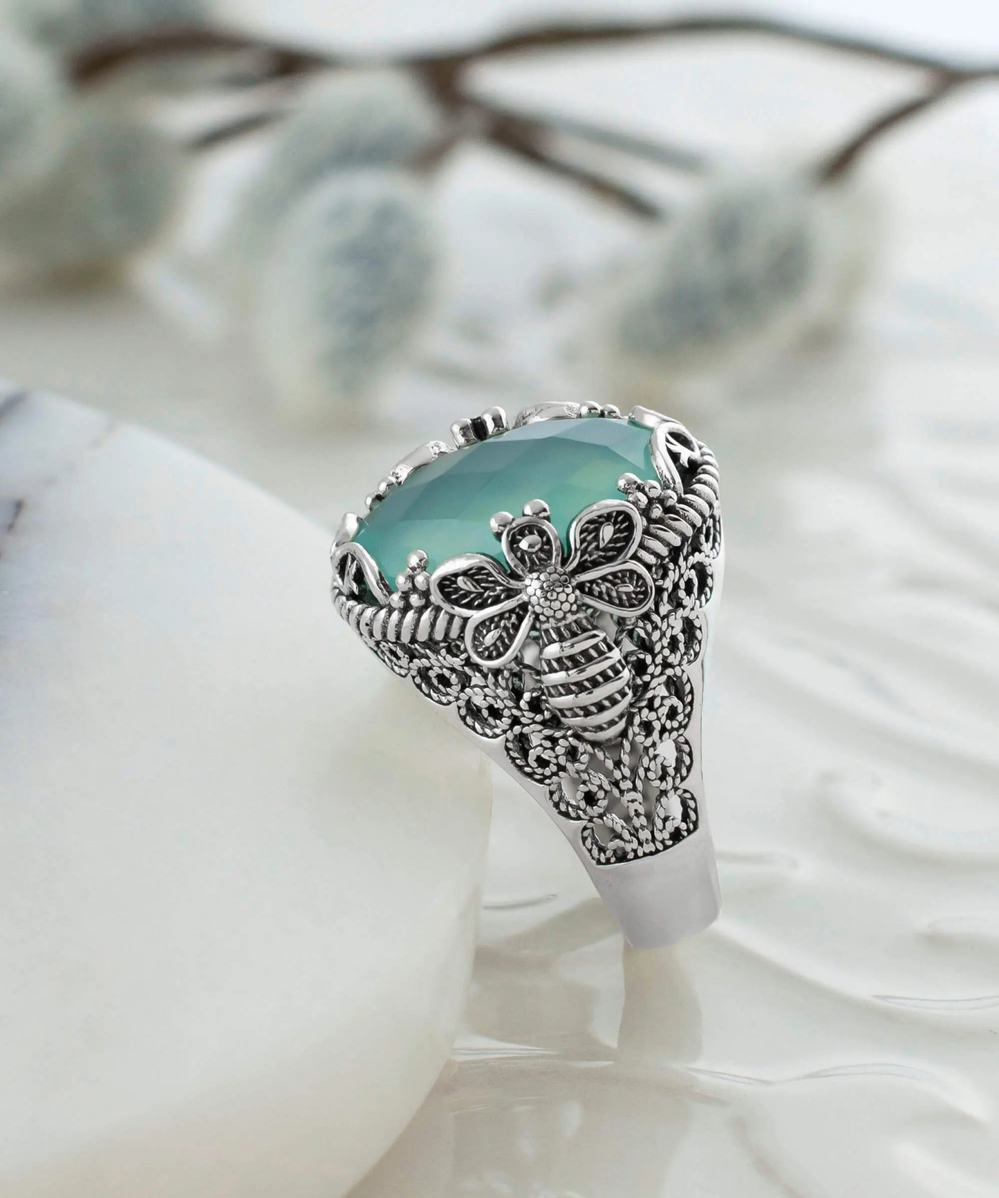 Filigree Art Bee Detailed Aqua Chalcedony Gemstone Women Silver Statement Ring