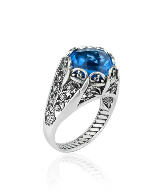 Filigree Art Blue Quartz Gemstone Women Silver Cocktail Ring