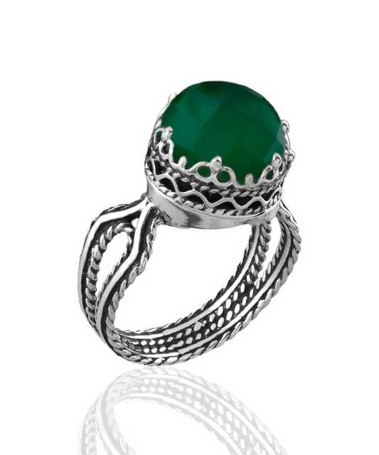 Green Agate Gemstone Filigree Art Women Sterling Silver Cocktail Ring