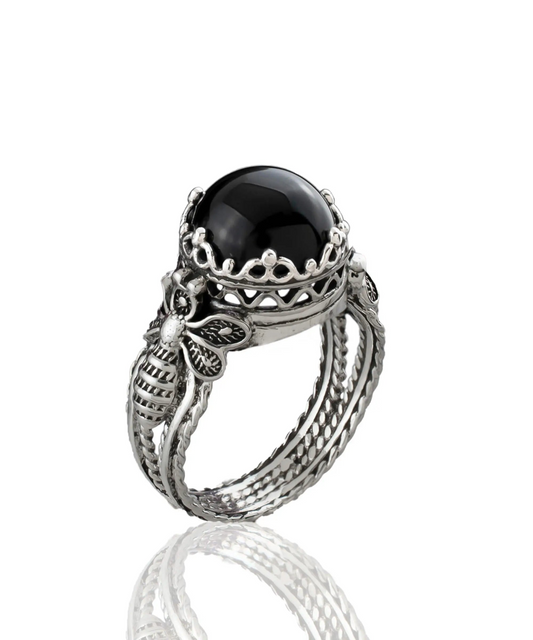 Bee Detailed Black Onyx Gemstone Filigree Art Women Silver Cocktail Ring
