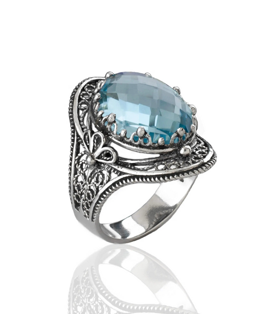 Blue Topaz Gemstone Filigree Art Woman Silver Statement Ring