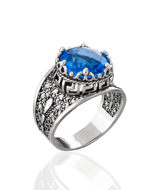 Meander Pattern Filigree Art Blue Quartz Gemstone Women Silver Cocktail Ring