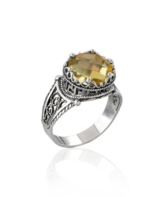 Greek Key Pattern Filigree Art Citrine Gemstone Women Silver Cocktail Ring