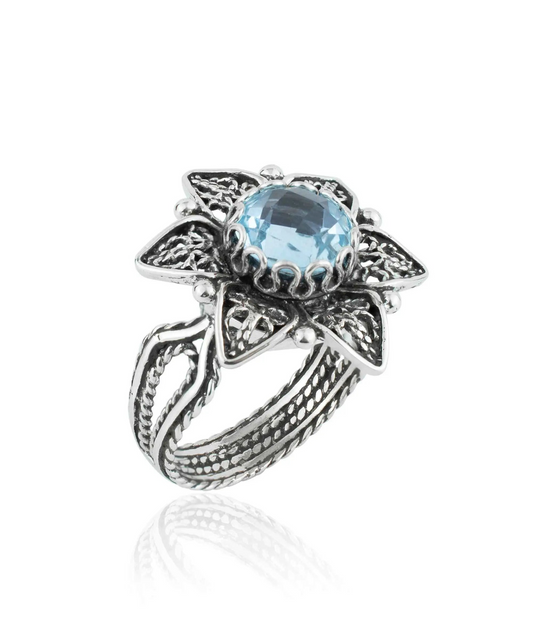 Filigree Art Blue Topaz Gemstone Daisy Flower Women Silver Cocktail Ring