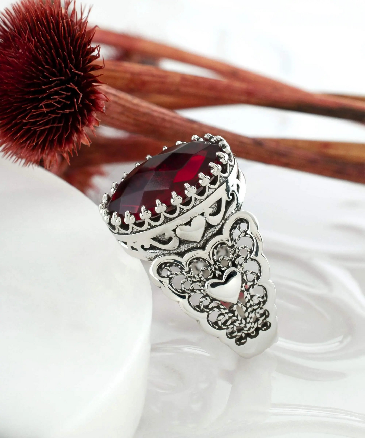 Ruby Quartz Gemstone Double Heart Detailed Filigree Art 925 Sterling Silver Women Statement Ring