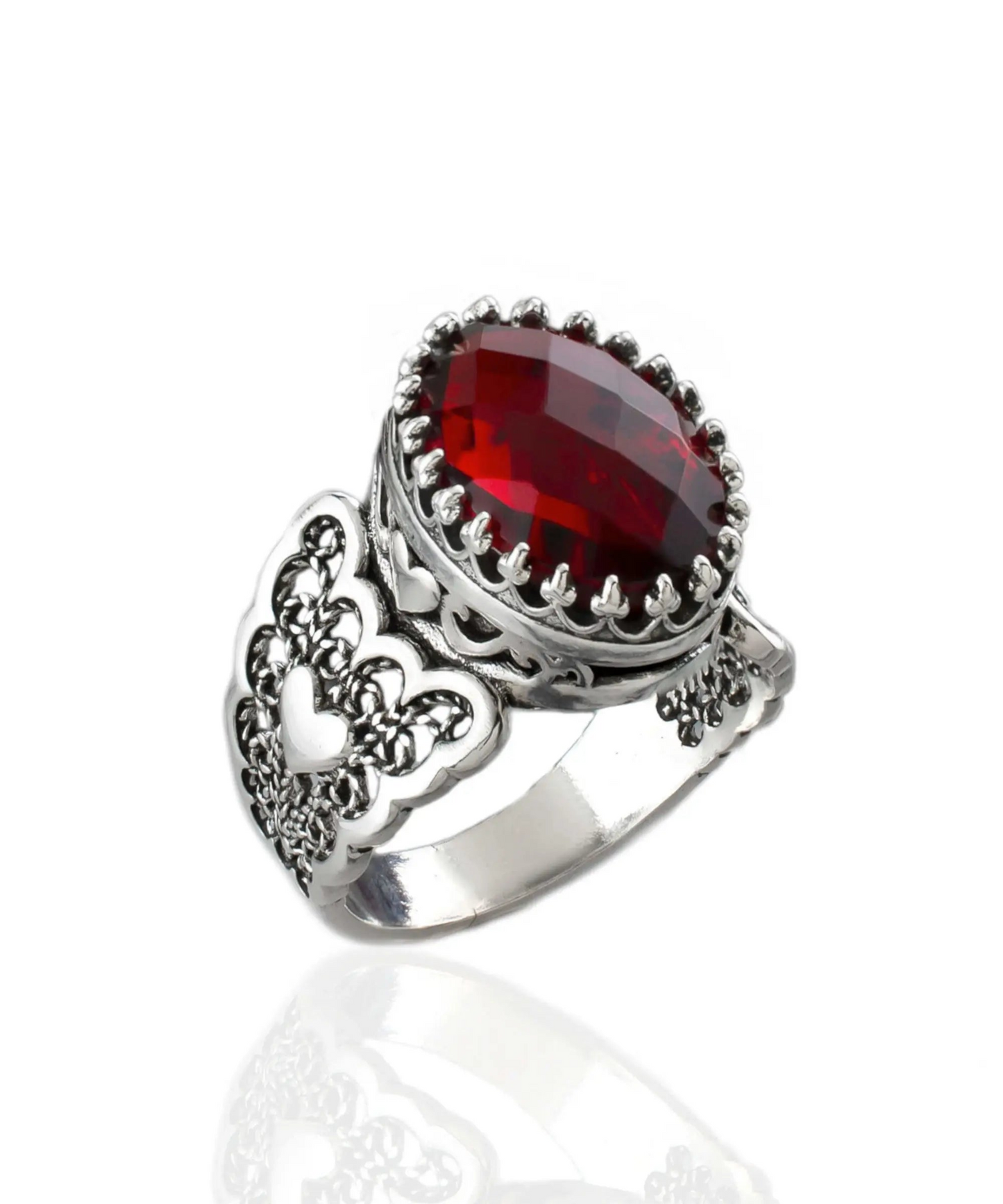 Ruby Quartz Gemstone Double Heart Detailed Filigree Art 925 Sterling Silver Women Statement Ring