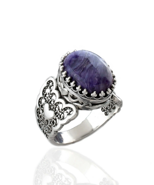 Charoite Gemstone Double Heart Detailed Filigree Art 925 Sterling Silver Women Statement Ring