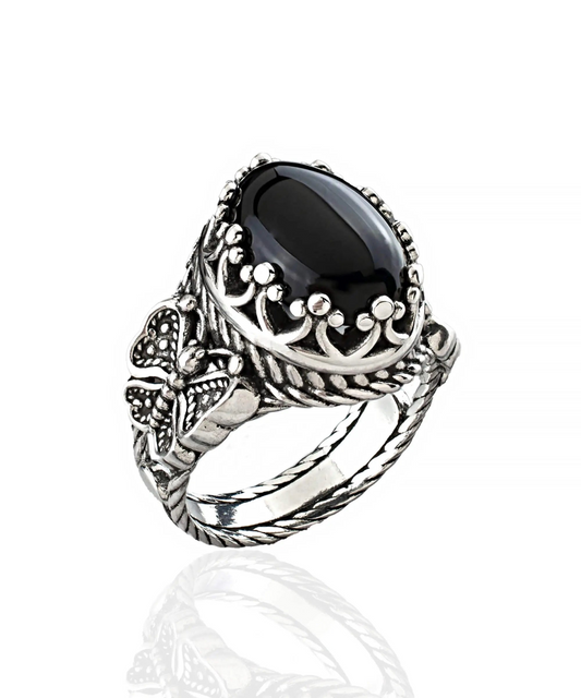 Black Onyx Gemstone Filigree Art Double Butterfly Detailed Women Silver Statement Ring