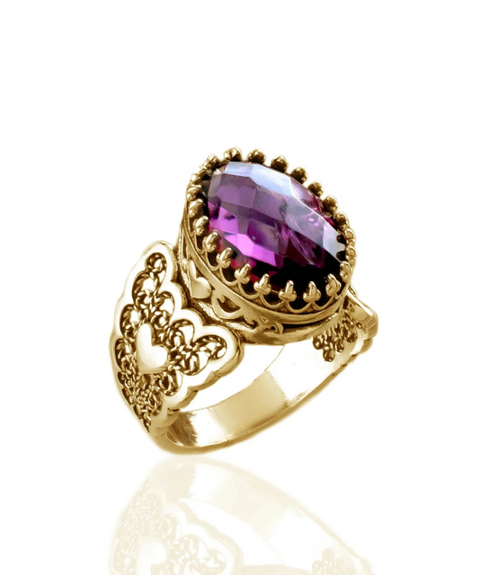 Double Heart Detailed Amethyst Gemstone Filigree Art Gold Plated Sterling Silver Women Statement Ring
