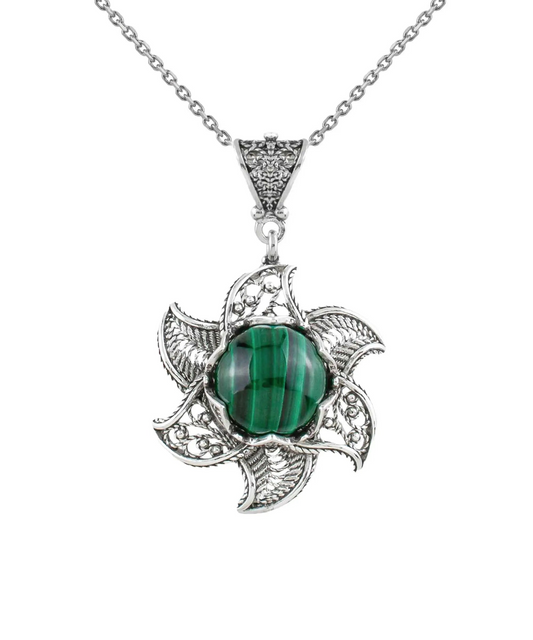 Sterling Silver Filigree Malachite Gemstone Blossoming Lotus Flower Pendant Necklace